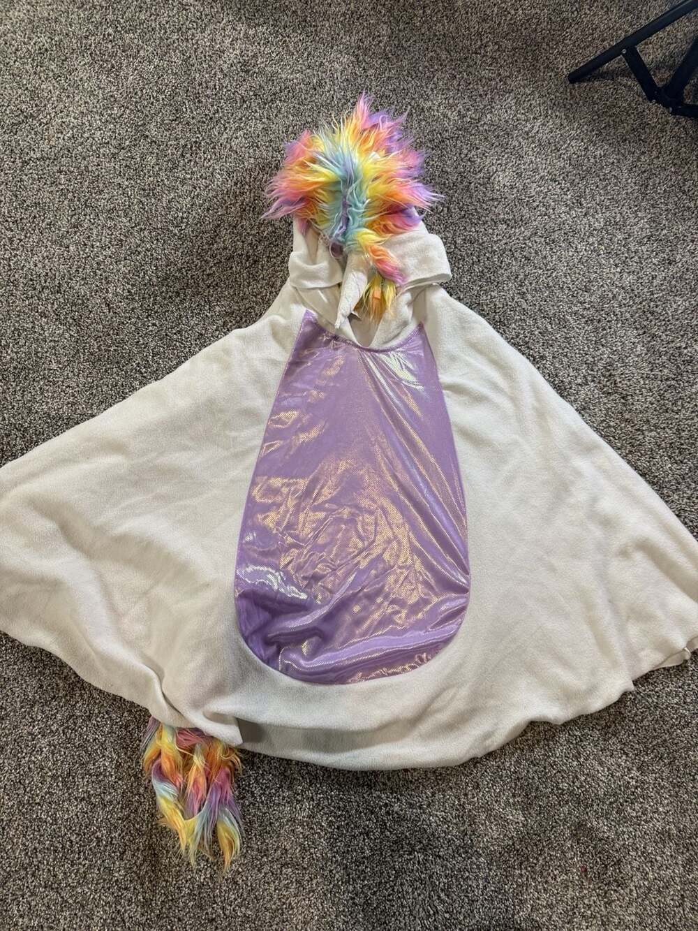 White Unicorn Hooded Poncho With Rainbow Mane Tail And Horn